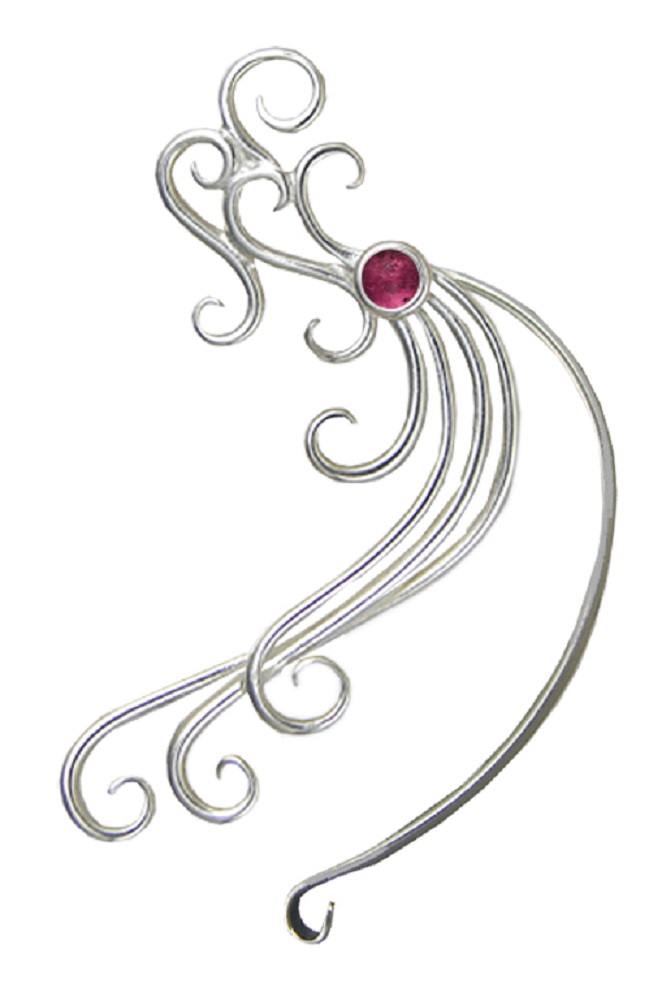 Sterling Silver Wind And Waves Left Only Ear Cuff Wrap With Pink Tourmaline